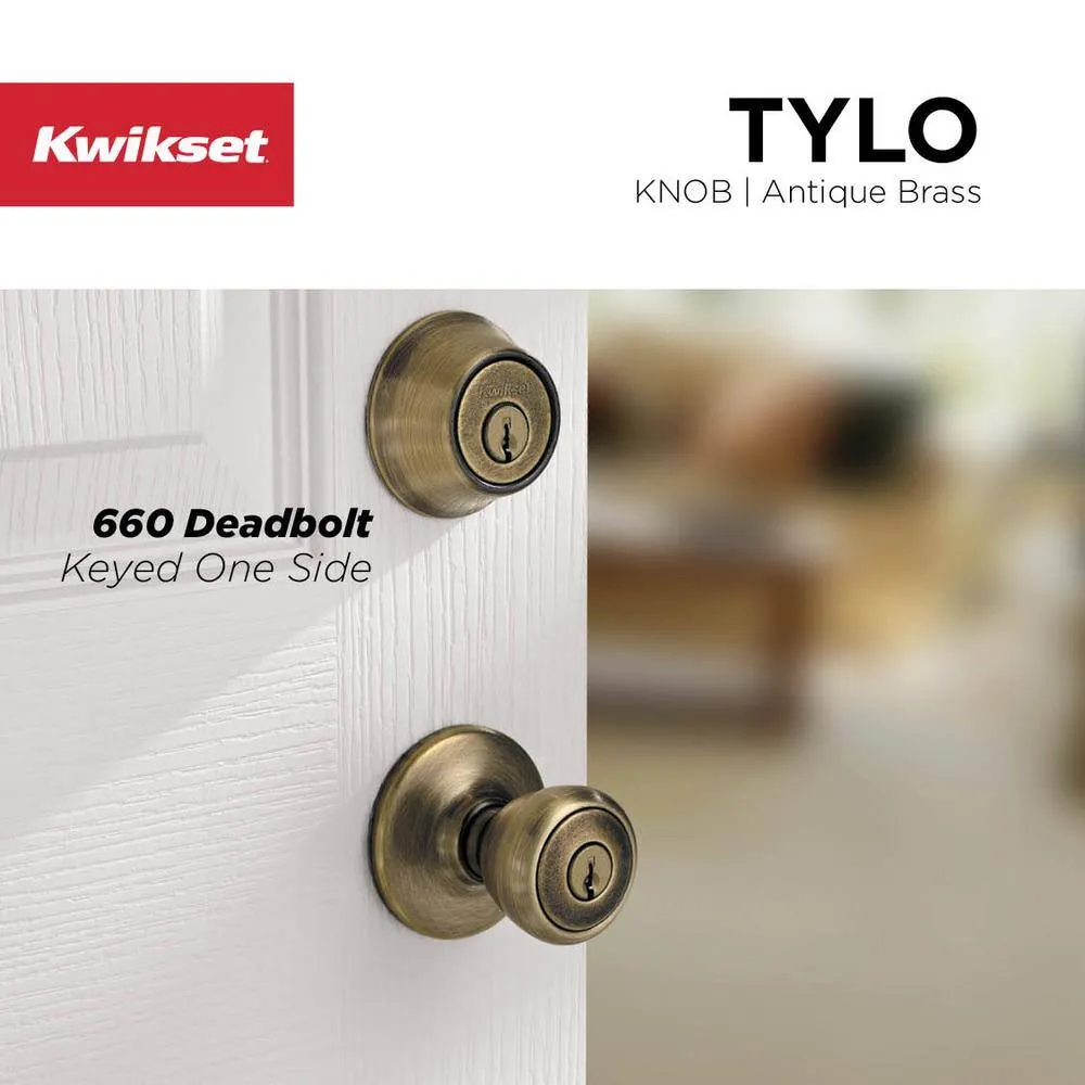 Kwikset Tylo Antique Brass Entry Door Knob and Single Cylinder Deadbolt Combo Pack with Microban Antimicrobial Technology, photo 5 of 7