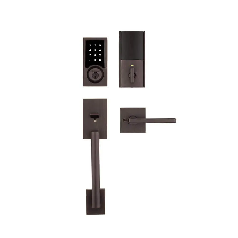 Kwikset SmartCode 915 Contemporary Venetian Bronze Electronic Deadbolt with San Clemente Handle Set and Halifax Interior Lever, photo 3 of 7