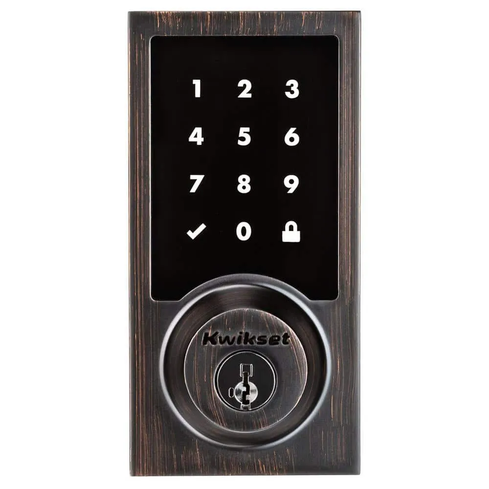 Kwikset SmartCode 915 Contemporary Venetian Bronze Electronic Deadbolt with San Clemente Handle Set and Halifax Interior Lever, photo 5 of 7