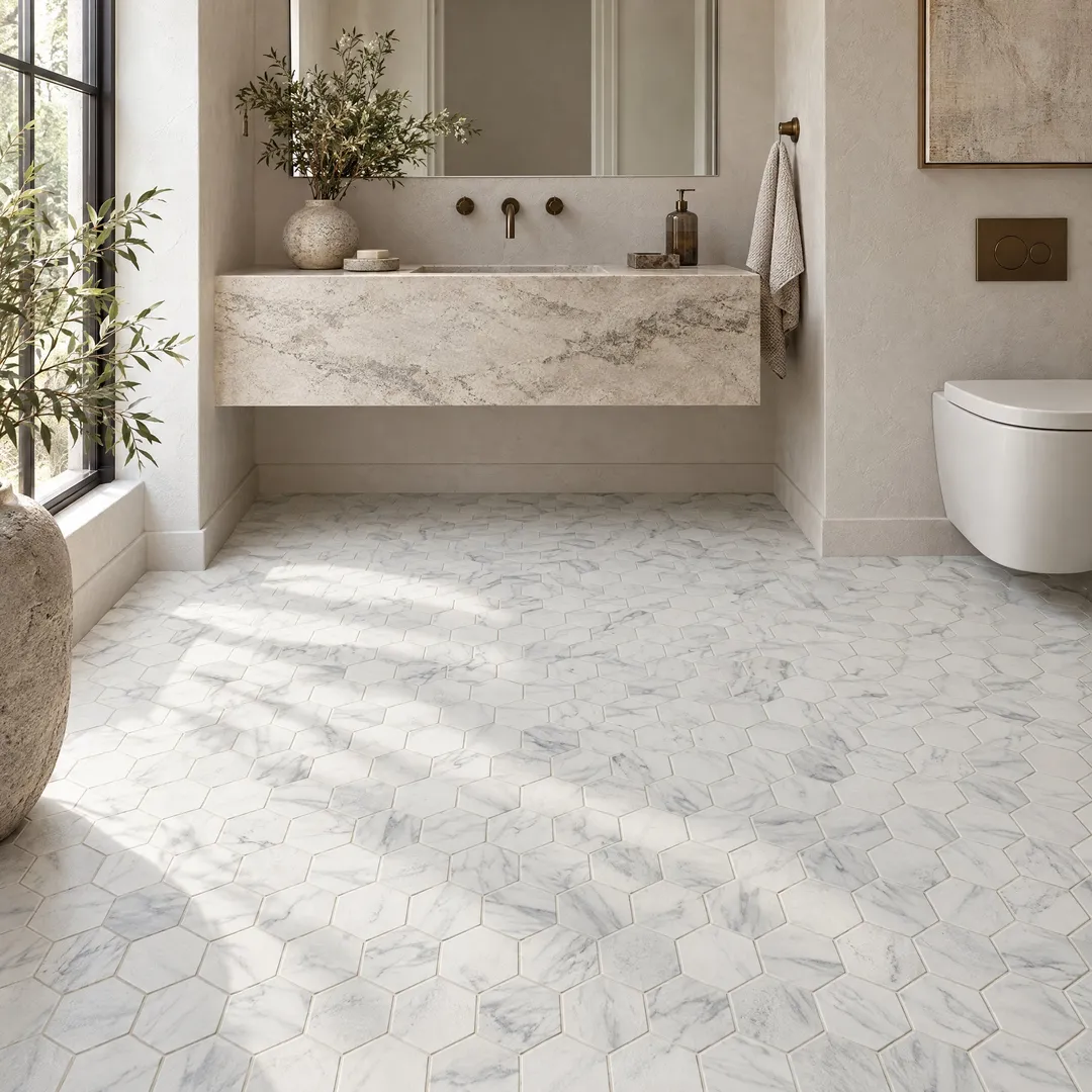 LifeProof Carrara 10 in. x 12 in. x 6.35mm Ceramic Hexagon Mosaic Floor and Wall Tile (9.72 sq. ft./Case), in a room, photo 2 of 2