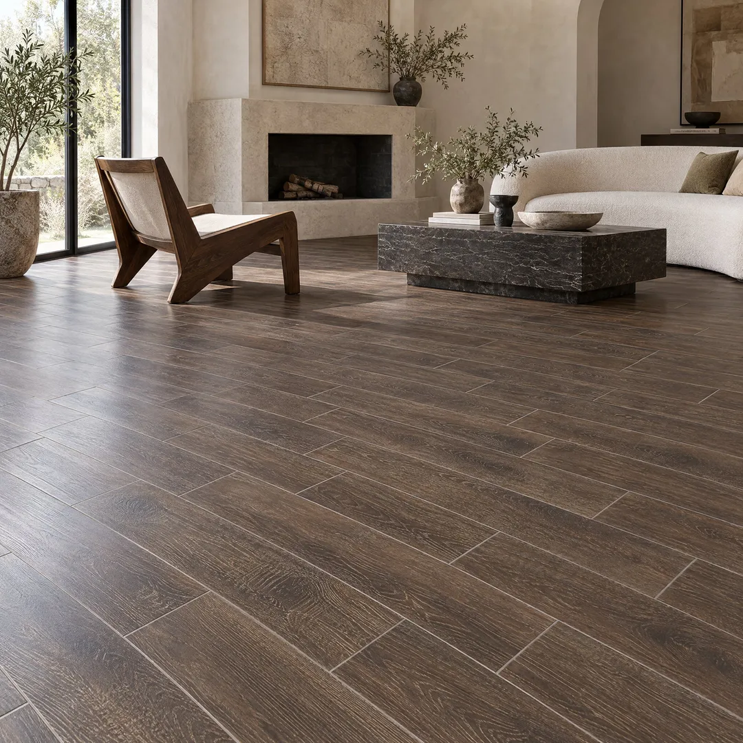 Lifeproof Coffee Wood 6 in. x 24 in. Glazed Porcelain Floor and Wall Tile (14.55 sq. ft. / case), in a room, photo 2 of 2