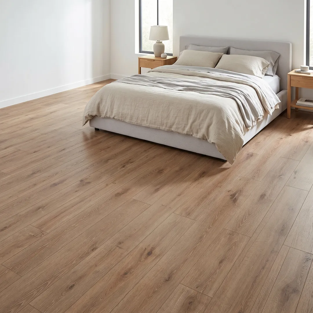 Lifeproof Eagle Plains Oak 14 mm T x 7.6 in. W Waterproof Laminate Wood Flooring (13.3 sqft/case), in a room, photo 2 of 2
