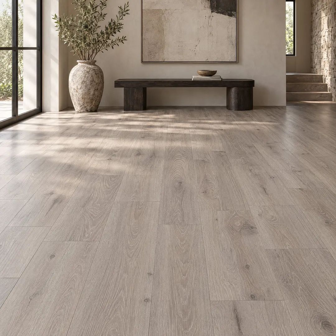 Lifeproof Stony Plain Oak 14 mm T x 7.6 in. W Waterproof Laminate Wood Flooring (13.3 sqft/case), in a room, photo 2 of 2