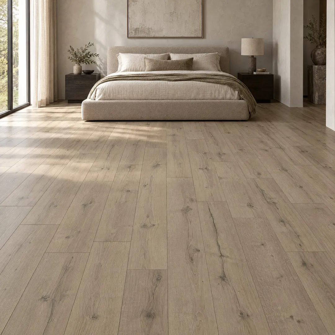 Lifeproof Thistle Creek Oak 14 mm T x 7.6 in. W Waterproof Laminate Wood Flooring (13.3 sqft/case), in a room, photo 2 of 2