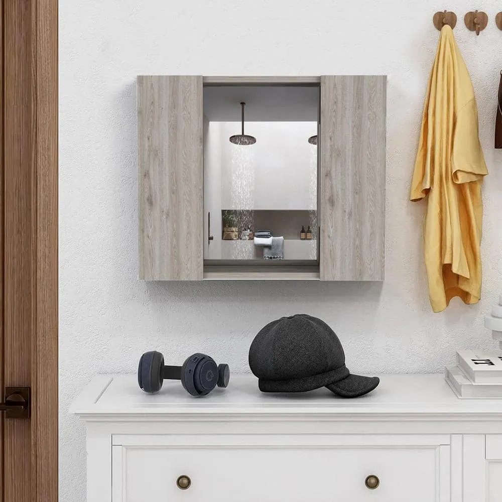 cadeninc 23.6 in. W x 19.5 in. H Bathroom Surface Mount Medicine Cabinet with Double Door, Mirror,1-Shelf in Light Gray, photo 4 of 7