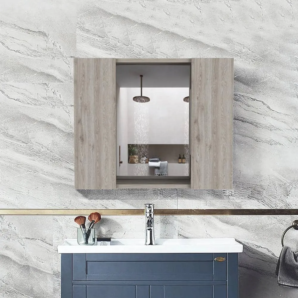 cadeninc 23.6 in. W x 19.5 in. H Bathroom Surface Mount Medicine Cabinet with Double Door, Mirror,1-Shelf in Light Gray, photo 6 of 7