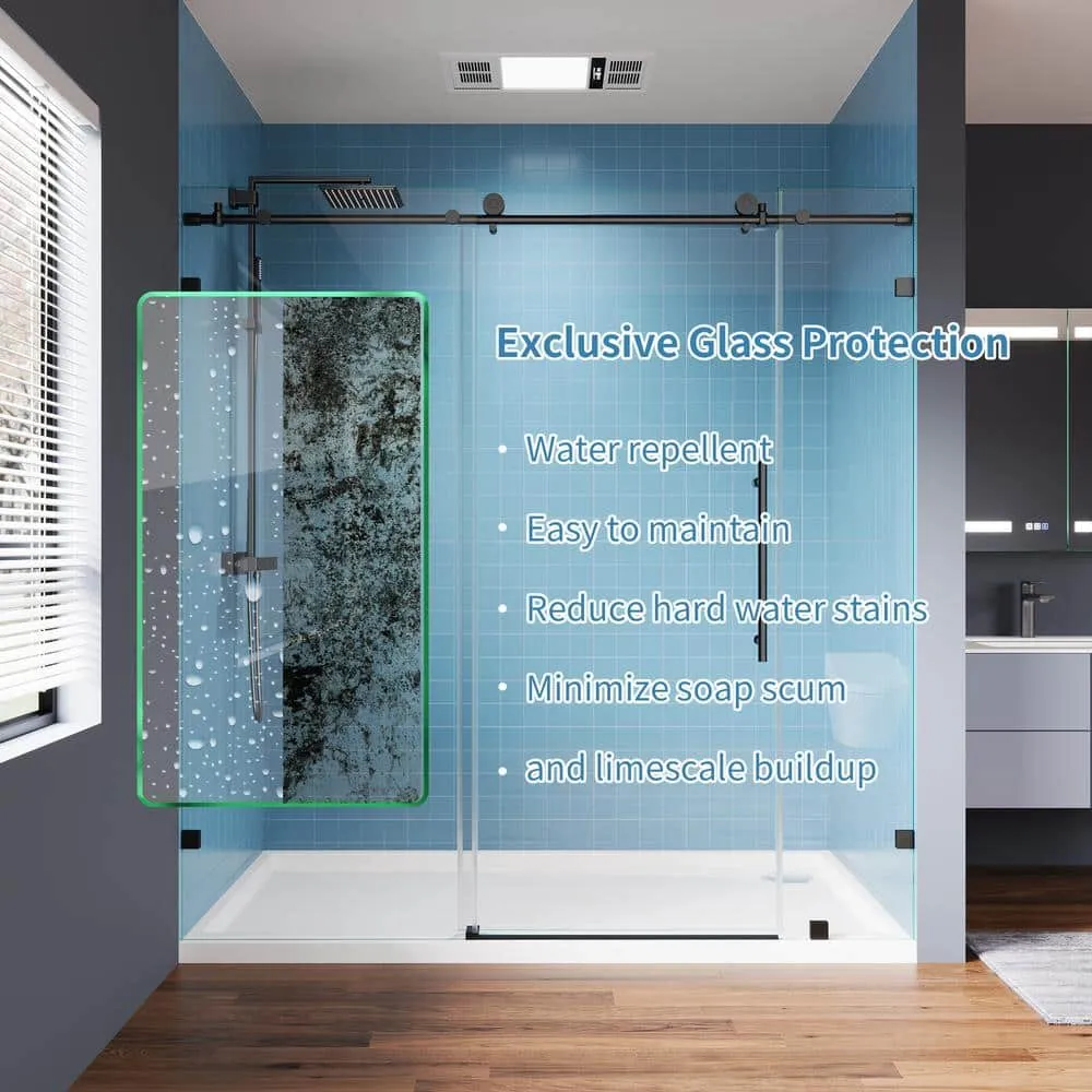 Logmey 72 in. W x 74 in. H Frameless Sliding Shower Door in Matte Black with Clear Glass, photo 4 of 6