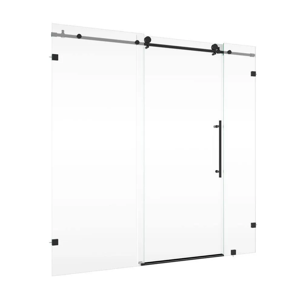 Logmey 72 in. W x 74 in. H Frameless Sliding Shower Door in Matte Black with Clear Glass, photo 5 of 6