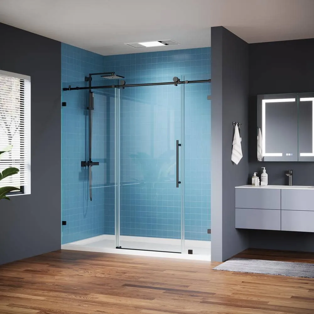 Logmey 72 in. W x 74 in. H Frameless Sliding Shower Door in Matte Black with Clear Glass, photo 2 of 6