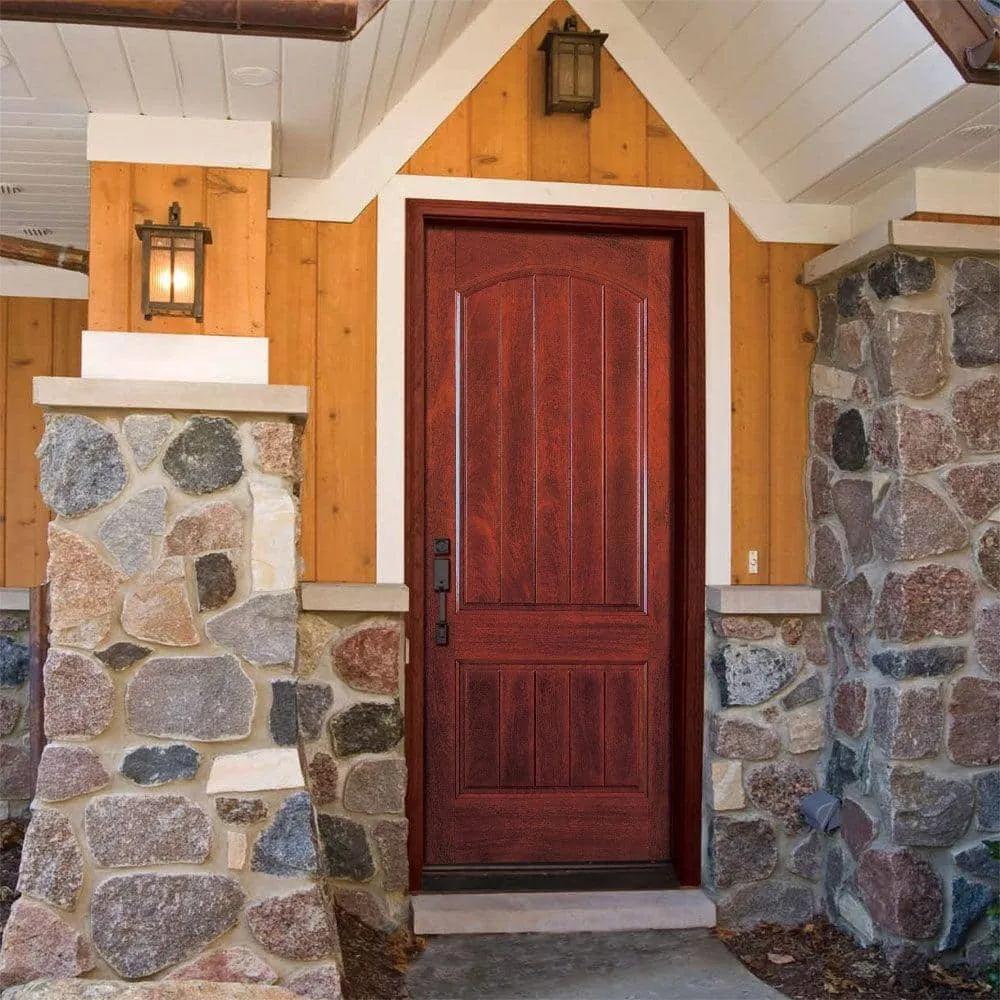 37.5 in. x 81.625 in. 2-Panel Plank Cherry Mahogany Stained Left-Hand Inswing Fiberglass Prehung Front Door, photo 2 of 2