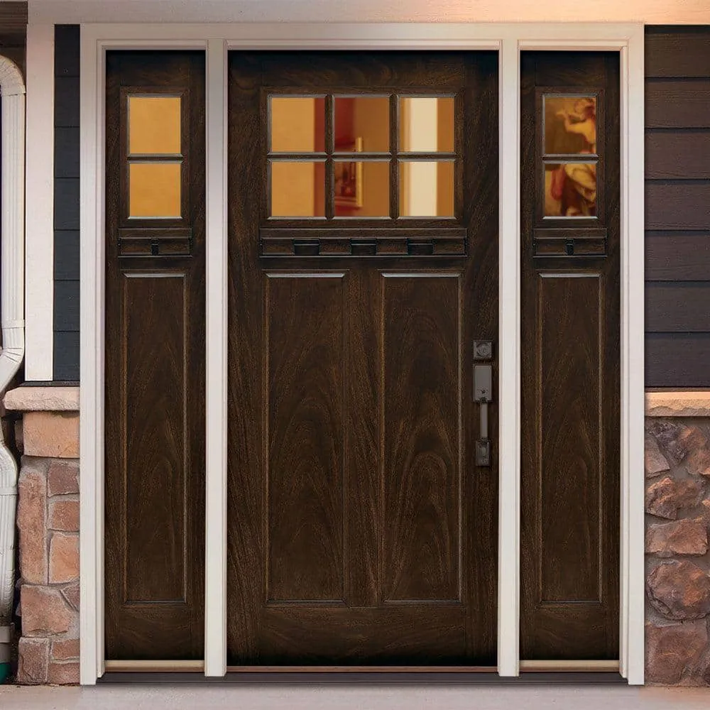 67.5 in.x81.625 in. 6 Lt Clear Craftsman Stained Chestnut Mahogany Left-Hand Fiberglass Prehung Front Door w/Sidelites, photo 2 of 2
