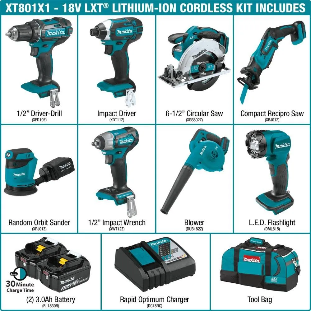 Makita 18V LXT Lithium‑Ion Cordless 8‑Piece Combo Kit (3.0Ah) – Drill, Impact Driver, Circular Saw, Recip Saw, Random Orbit Sander, Impact Wrench, Blower, LED Flashlight, photo 8 of 8