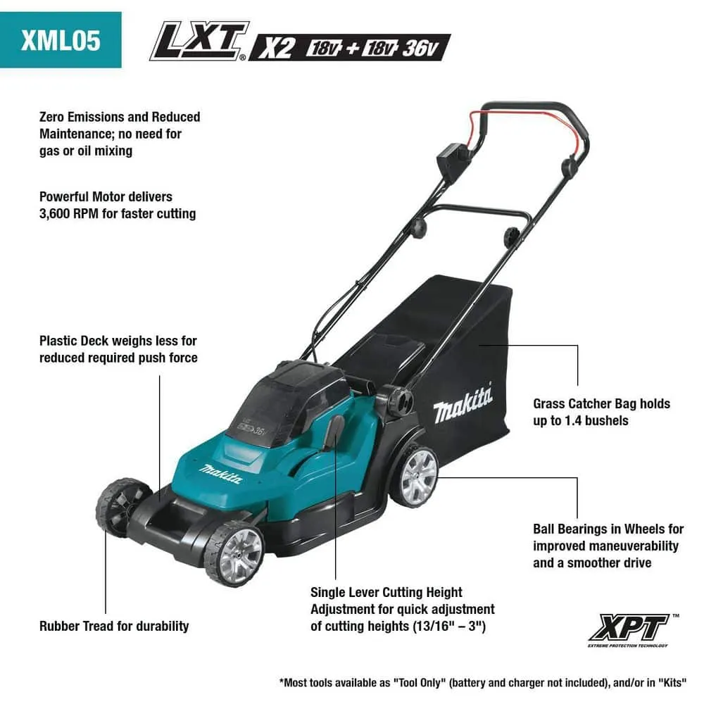 Makita 18V X2 (36V) LXT Lithium-Ion Cordless 17 in. Walk Behind Residential Lawn Mower Kit (5.0Ah), photo 3 of 13
