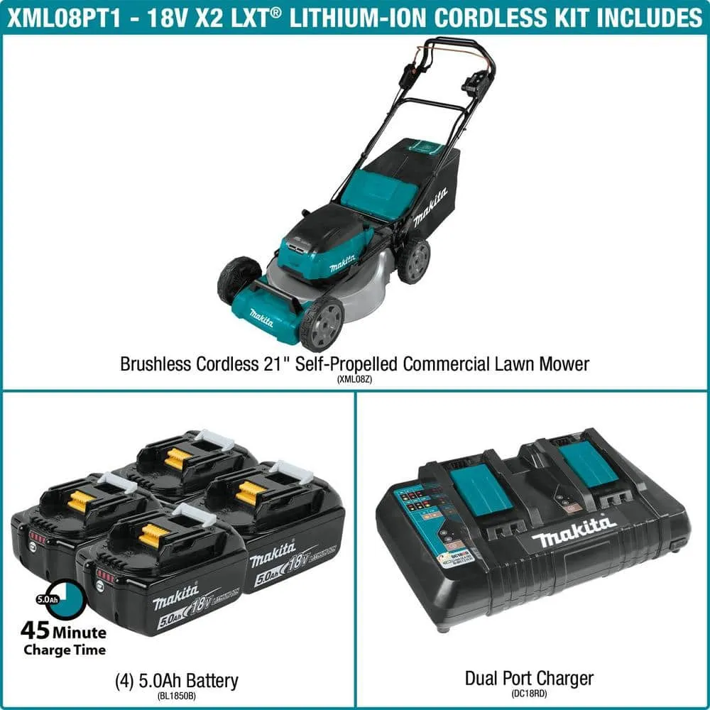 Makita 18V X2 (36V) LXT Cordless 21 in. Self-Propelled Commercial Lawn Mower, 4 Batteries (5.0Ah) & 13 in. String Trimmer, photo 4 of 14