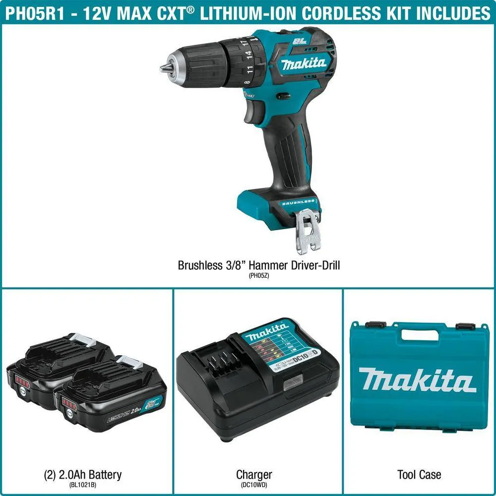 Makita 12V Max CXT Lithium‑Ion 3/8 in. Brushless Cordless Hammer Driver‑Drill Kit with (2) 2.0Ah Batteries, Charger and Hard Case, photo 2 of 8