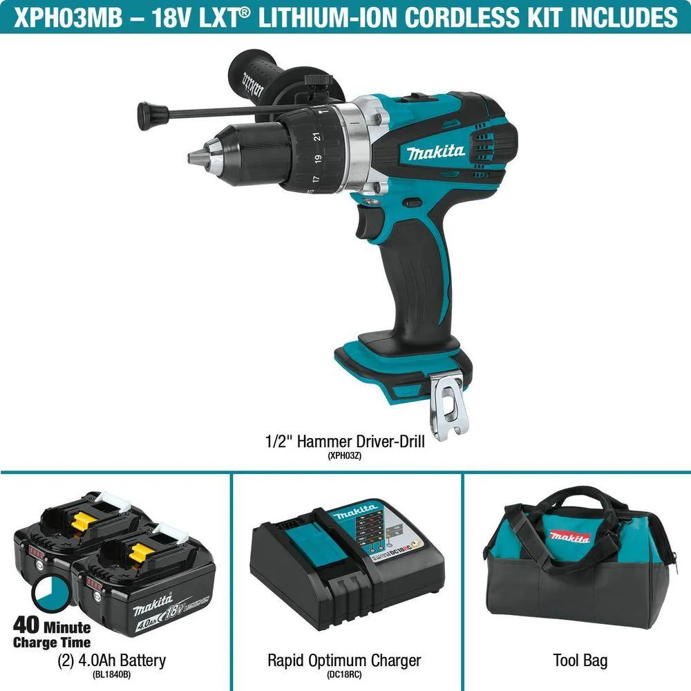 Makita 18V LXT Lithium‑Ion 1/2 in. Cordless Hammer Driver‑Drill Kit with (2) 4.0Ah Batteries, Charger and Case, photo 2 of 8