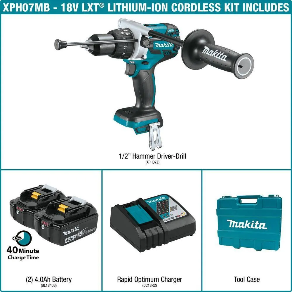 Makita 18-Volt LXT Brushless 1/2 in. Cordless Hammer Drill Kit with (2) 4.0Ah Batteries, Rapid Charger and Hard Case (XPH07MB), photo 2 of 8