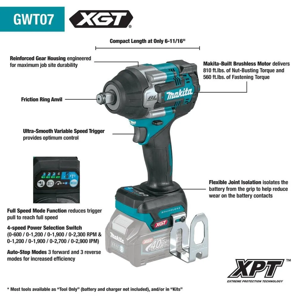 Makita 40V max XGT Brushless Cordless 4-Speed Mid-Torque 1/2 in. Impact Wrench KIt w/Friction Ring Anvil, 2.5Ah, photo 3 of 14