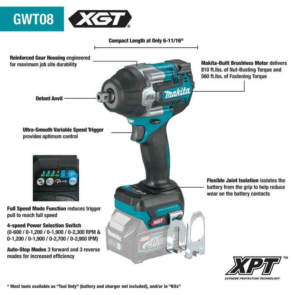Makita 40V max XGT Brushless Cordless 4-Speed Mid-Torque 1/2 in. Impact Wrench Kit w/Detent Anvil, 2.5Ah, photo 3 of 13