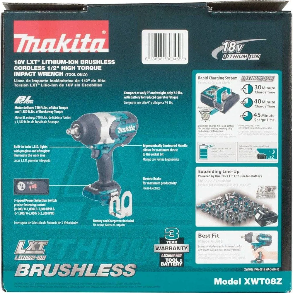 Makita 18V LXT Lithium-Ion Brushless Cordless High Torque 1/2 in. 3-Speed Drive Impact Wrench (Tool-Only), photo 10 of 12