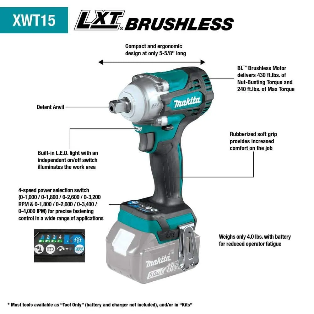 Makita 18V LXT Lithium-Ion Brushless Cordless 4-Speed 1/2 in. Impact Wrench with Detent Anvil (Tool-Only), photo 2 of 8