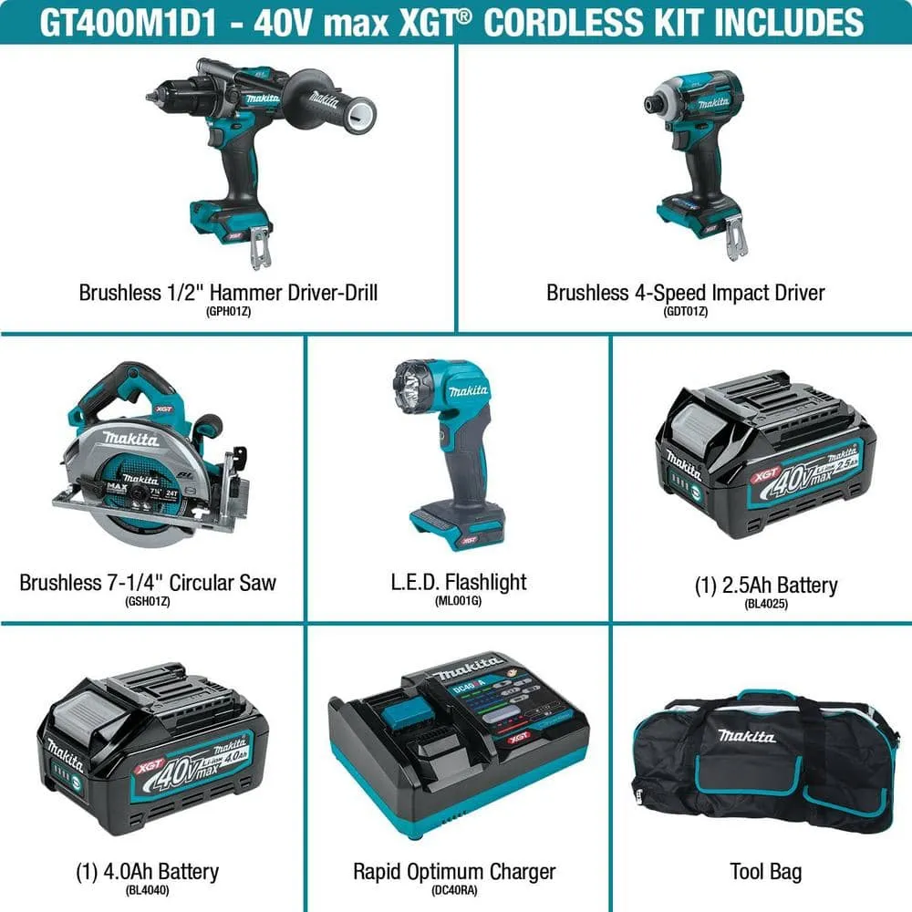 Makita 40V Max XGT Brushless Cordless 4-Piece Combo Kit (Hammer Driver-Drill/Impact Driver/Circ Saw/Flashlight) 2.5Ah/4.0Ah, photo 3 of 14