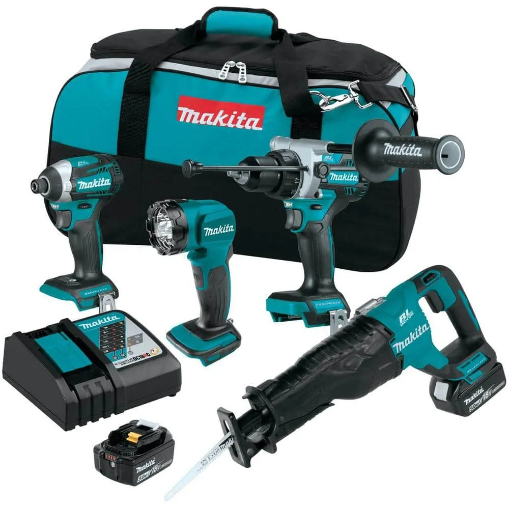 Makita 18V 5.0 Ah LXT Lithium-Ion Brushless Cordless Combo Kit (Hammer Drill/Impact Driver/Recipro Saw/Flashlight), photo 13 of 14
