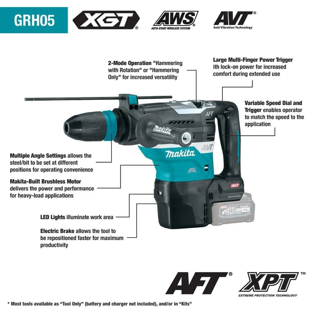 Makita 40V Max XGT Brushless Cordless 1-9/16 in. AVT Rotary Hammer Kit, AFT, AWS Capable (4.0Ah), photo 3 of 15