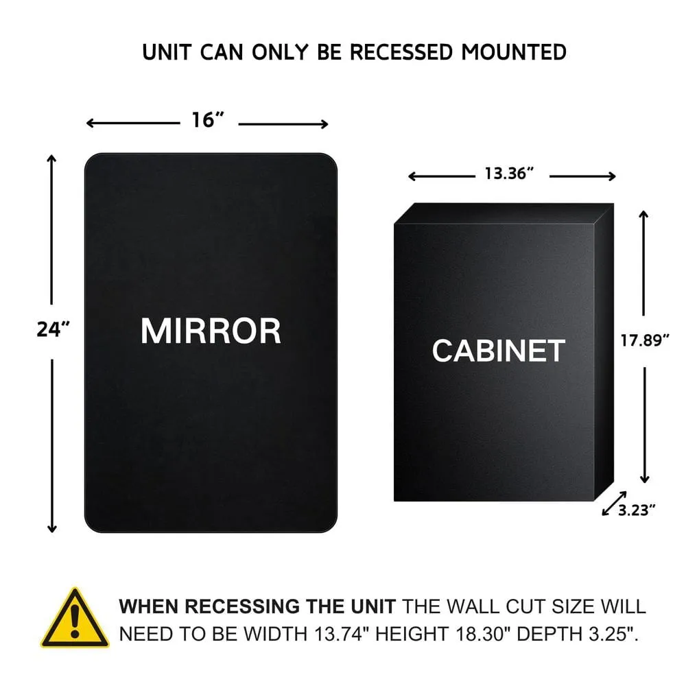 TEHOME Farmhouse 16 in. W x 24 in. H Recessed Rectangular Metal Framed Bathroom Medicine Cabinets with Mirror in Matt Black, photo 3 of 9