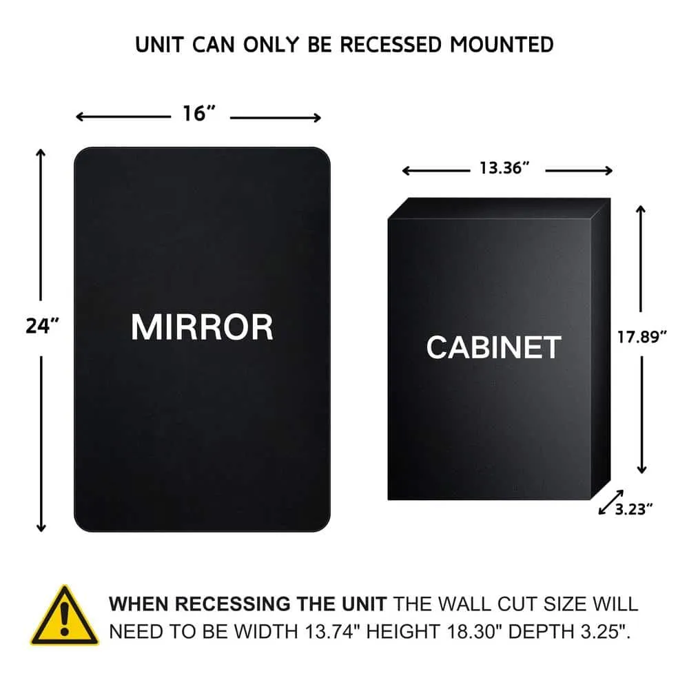 TEHOME 16 in. W x 24 in. H Rounded Rectangular Stainless Steel Recessed Framed Medicine Cabinet with Mirror in Matt Black, photo 5 of 8
