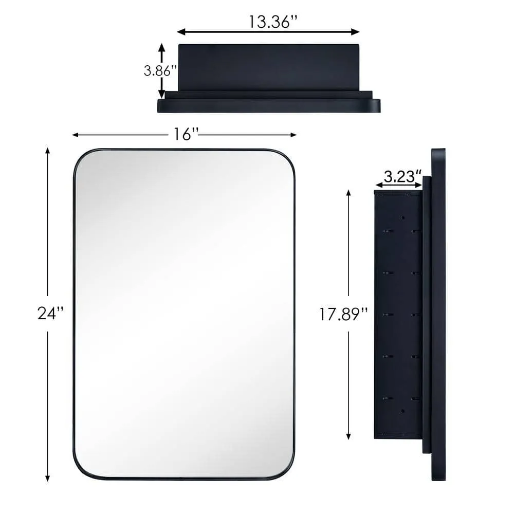 TEHOME 16 in. W x 24 in. H Rounded Rectangular Stainless Steel Recessed Framed Medicine Cabinet with Mirror in Matt Black, photo 8 of 8