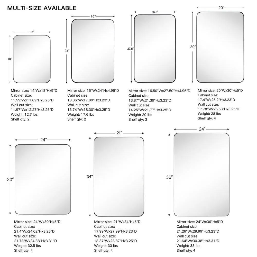 TEHOME WH 16.5 in. W x 27.5 in. H Rectangular Stainless Steel Recessed Framed Medicine Cabinet with Mirror in Matt Black, photo 4 of 8