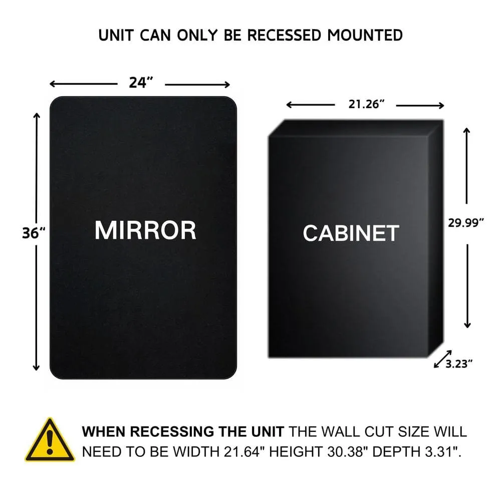 TEHOME WH 24 in. W x 36 in. H Rectangular Stainless Steel Recessed Framed Medicine Cabinet with Mirror in Matt Black, photo 3 of 6