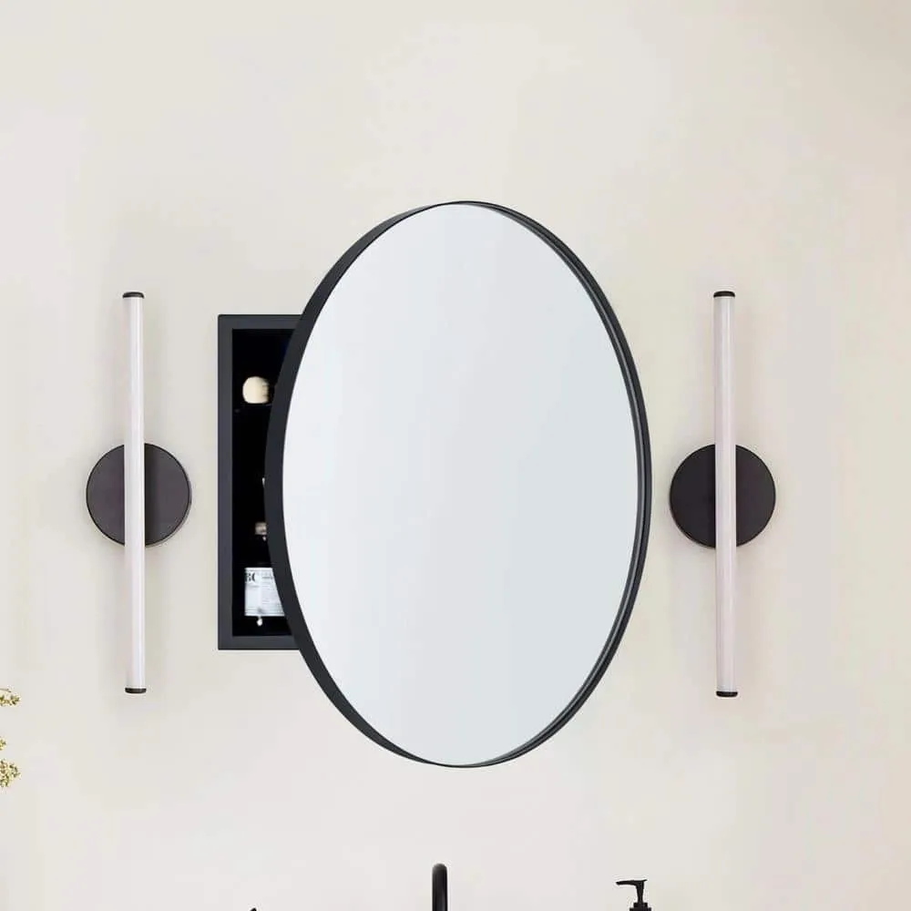 TEHOME 30 in. W x 30 in. H Surface Mount Round Circle Bathroom Metal Framed Medicine Cabinet with Mirror in Matt Black, photo 8 of 8