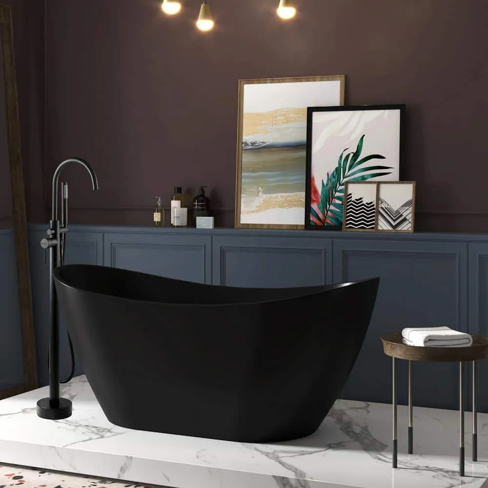 AKDY Freestanding 60 in. Fiberglass Double Slipper Flatbottom Modern Stand Alone Non-Whirlpool Bathtub in Matte Black, photo 5 of 7