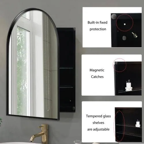 Aoibox 24 in. W x 36 in. H Arched Metal Medicine Cabinet with Mirror and Adjustable Shelves in Matte Black for Bathroom, photo 4 of 7