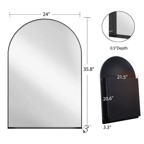 Aoibox 24 in. W x 36 in. H Arched Metal Medicine Cabinet with Mirror and Adjustable Shelves in Matte Black for Bathroom, photo 7 of 7