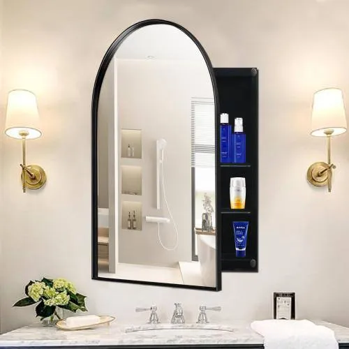 Aoibox 24 in. W x 36 in. H Arched Metal Medicine Cabinet with Mirror and Adjustable Shelves in Matte Black for Bathroom, photo 2 of 7