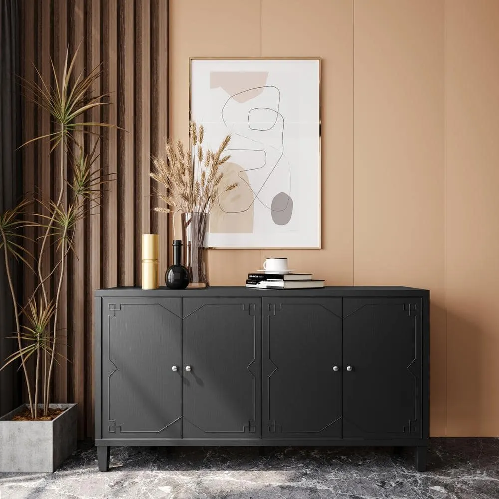 FUNKOL 59.84 in. x 15.75 in. x 31.5 in. MDF Freestanding Ready to Assemble Base Storage Cabinet in Matte Black with 4-Doors, photo 3 of 8