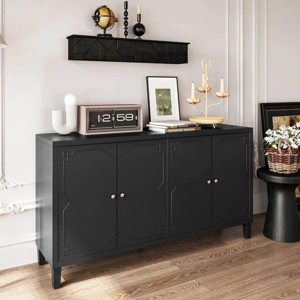 FUNKOL 59.84 in. x 15.75 in. x 31.5 in. MDF Freestanding Ready to Assemble Base Storage Cabinet in Matte Black with 4-Doors, photo 7 of 8