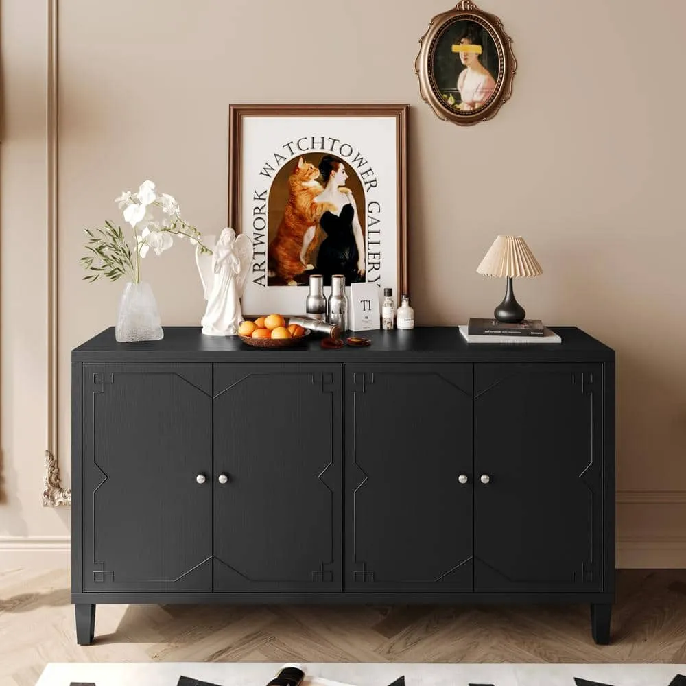 FUNKOL 59.84 in. x 15.75 in. x 31.5 in. MDF Freestanding Ready to Assemble Base Storage Cabinet in Matte Black with 4-Doors, photo 2 of 8