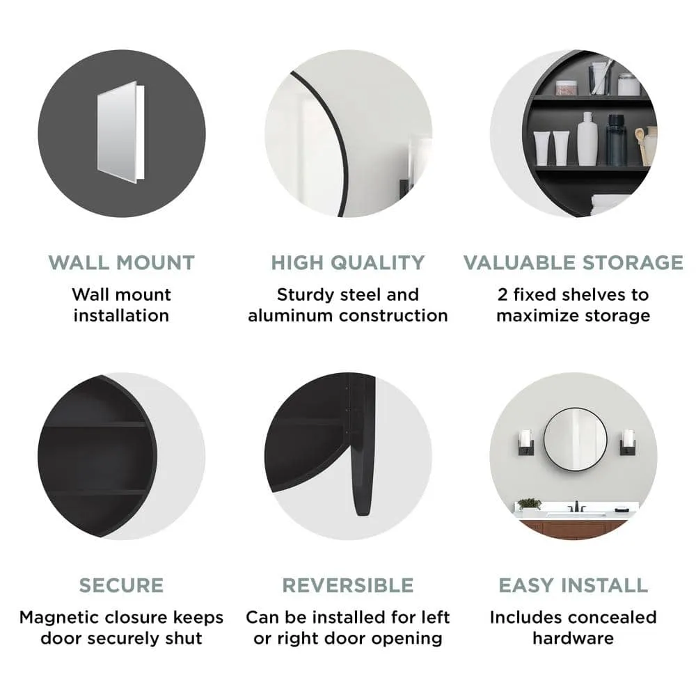 Glacier Bay 23.6 in. W x 23.6 in. H Round Matte Black Medicine Cabinet with Mirror, photo 8 of 13