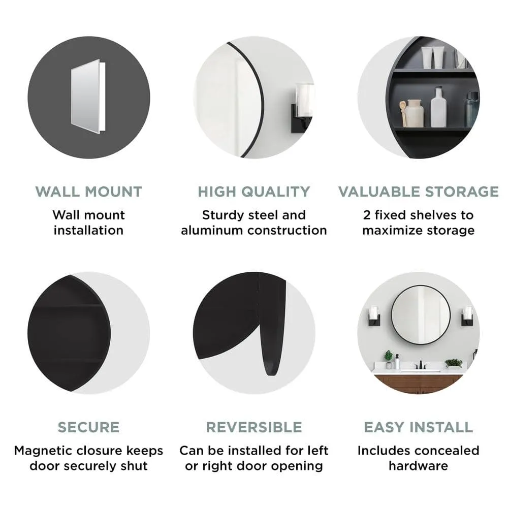 Glacier Bay 30 in. W x 30 in. H Round Matte Black Medicine Cabinet with Mirror, photo 8 of 13