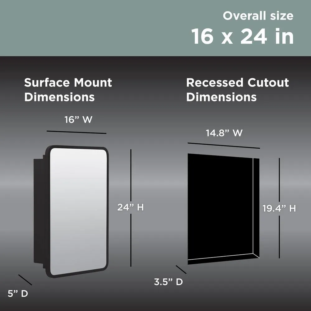 Glacier Bay 16 in. W x 24 in. H Rounded Corner Rectangular Matte Black Medicine Cabinet with Mirror, photo 3 of 13
