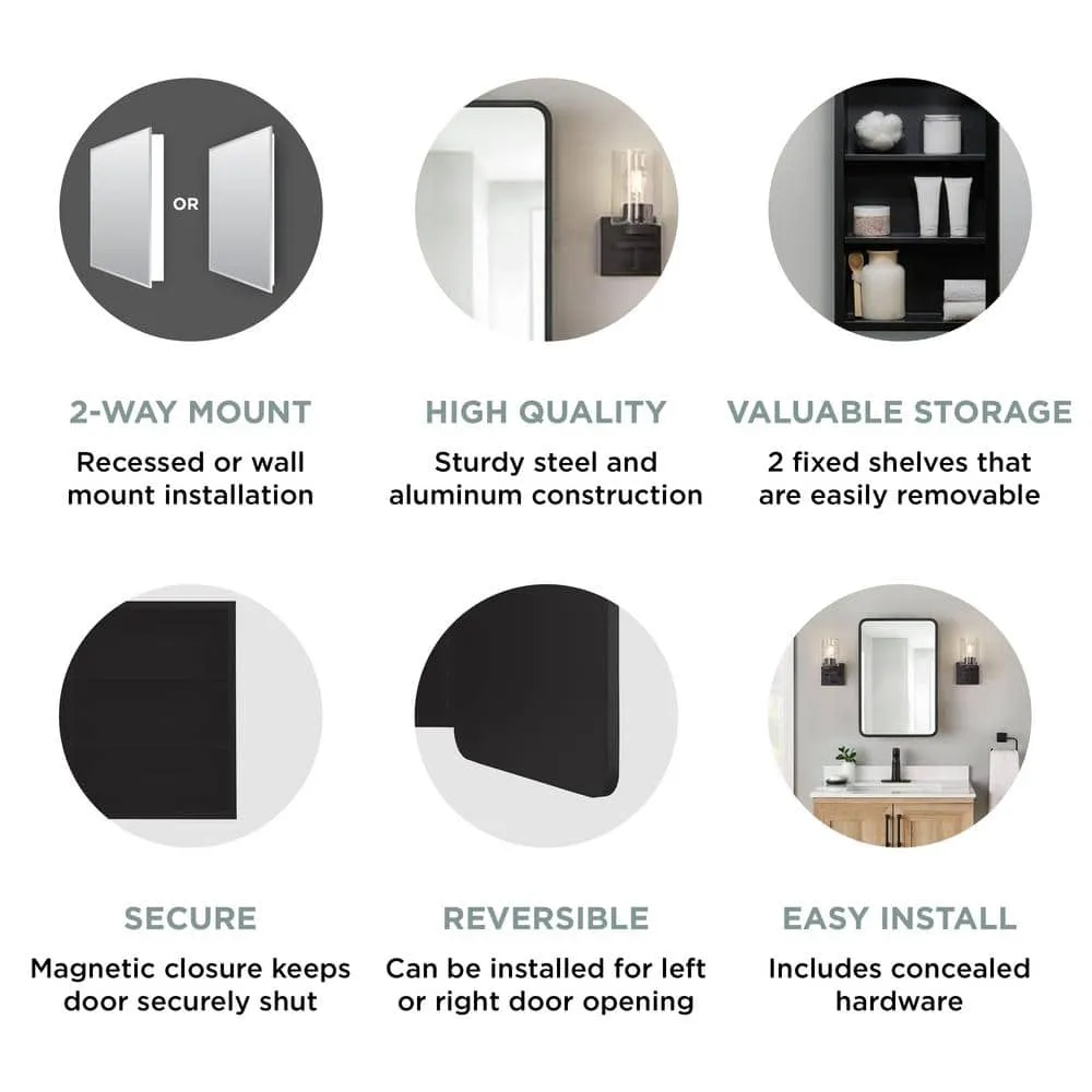 Glacier Bay 16 in. W x 24 in. H Rounded Corner Rectangular Matte Black Medicine Cabinet with Mirror, photo 8 of 13