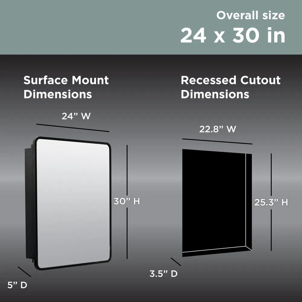 Glacier Bay 24 in. W x 30 in. H Rounded Corner Rectangular Matte Black Medicine Cabinet with Mirror, photo 3 of 13