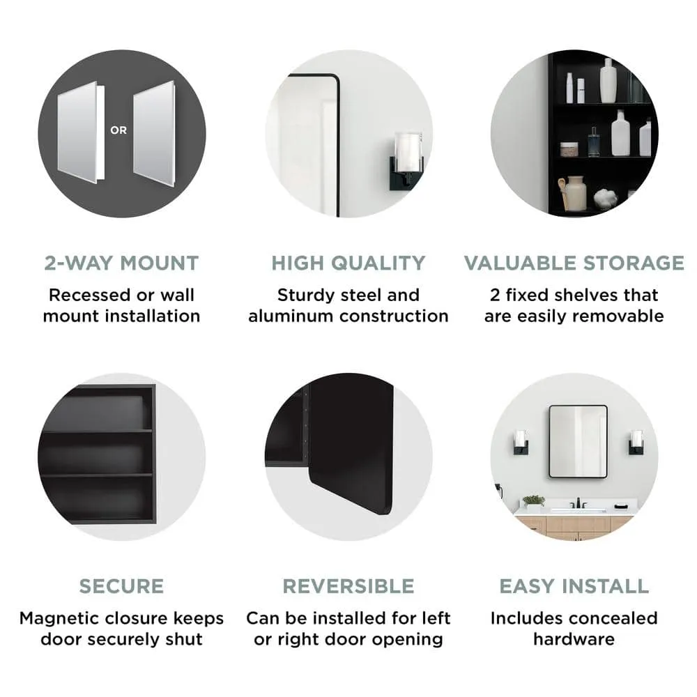 Glacier Bay 24 in. W x 30 in. H Rounded Corner Rectangular Matte Black Medicine Cabinet with Mirror, photo 8 of 13