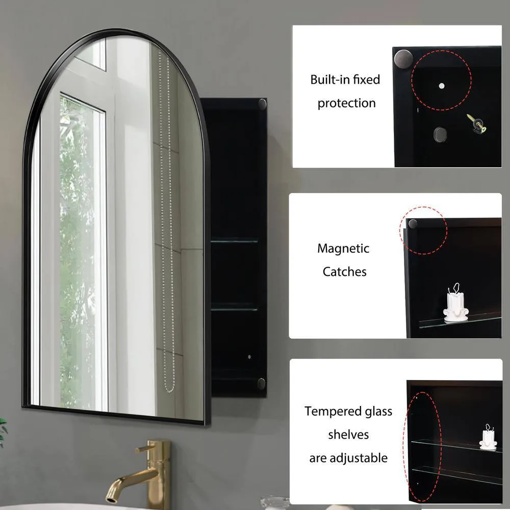 Tenleaf 24.00 in. W x 35.80 in. H Arched Metal Medicine Cabinet with Mirror, Wall Cabinet with Adjustable Shelves, Matte Black, photo 7 of 11