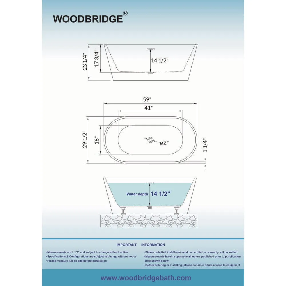 WOODBRIDGE Dieppe 59 in. Acrylic Double-Ended Flat Bottom Freestanding Bathtub with Chrome Overflow and Drain, White, photo 15 of 17