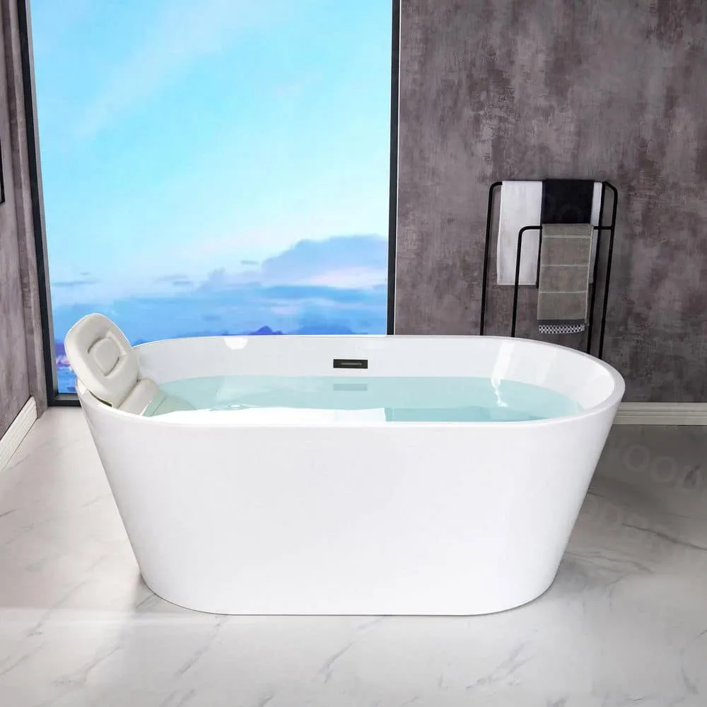 WOODBRIDGE Dieppe 59 in. Acrylic Double-Ended Flat Bottom Freestanding Bathtub with Chrome Overflow and Drain, White, photo 13 of 17